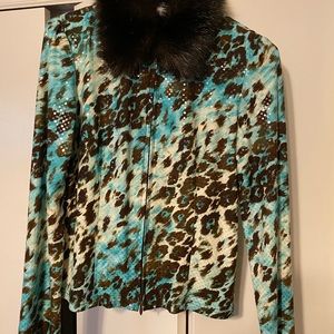 EUC Jospeh Ribkoff teal and brown fur collar jacket